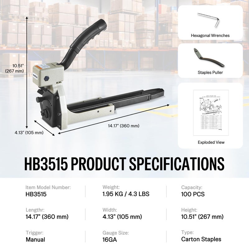 meite Box Stapler HB3515 Manual Carton Closer 16 Gauge Heavy Duty Staple Gun for Corrugated Case Packaging, Depth Dial for 1-8mm Cardboard, Accepts 1-3/8" Crown 5/8" Leg Staples, No Air Needed - Image 2